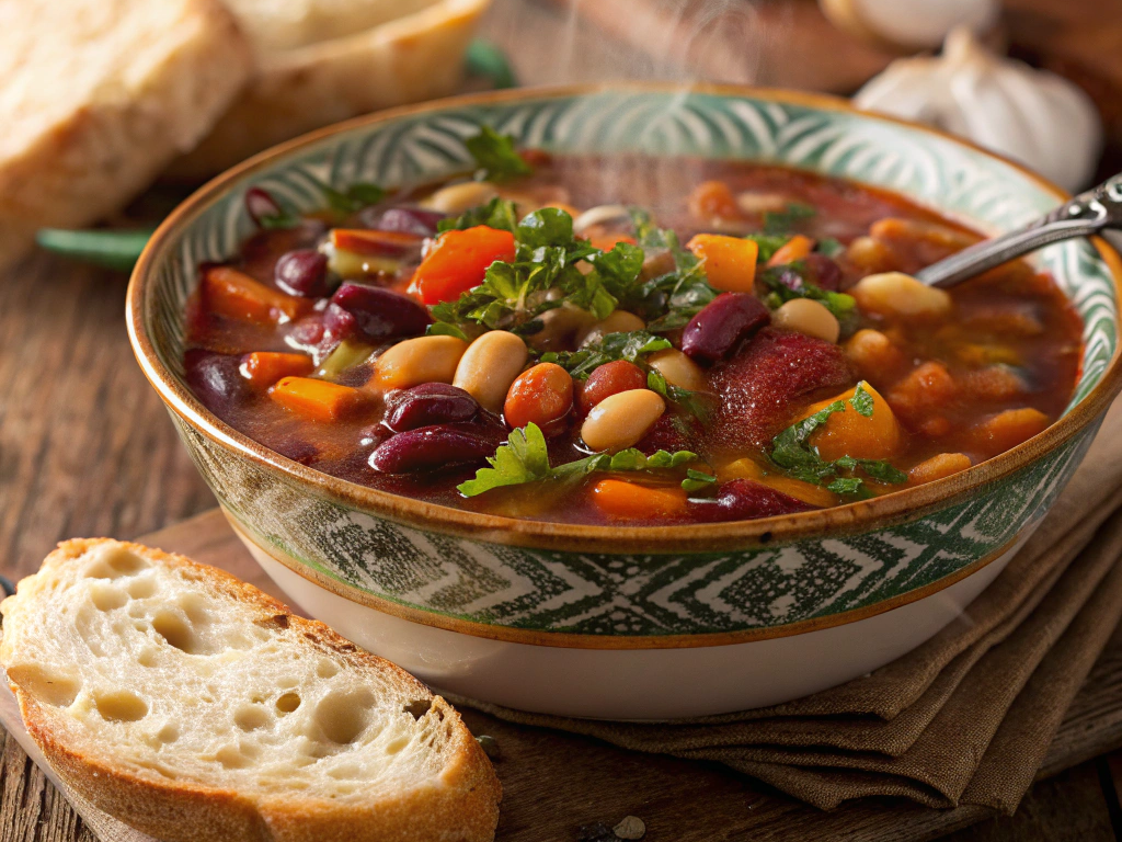 A close-up of a steaming bowl of 15 Bean Soup, filled with vibrant beans and vegetables, garnished with fresh herbs, and served with a slice of crusty bread on a rustic wooden table.