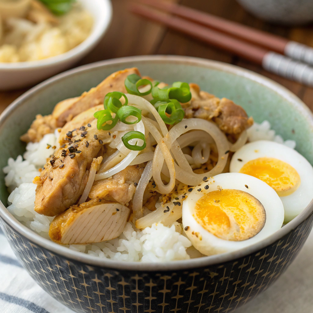 A close-up of a steaming bowl of oyakodon, featuring tender chicken pieces, soft-cooked eggs, and sliced onions over a bed of fluffy white rice, garnished with green onions and a sprinkle of shichimi togarashi.