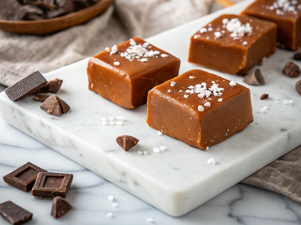 A close-up of glossy, smooth fudge squares on a marble countertop, garnished with a sprinkle of sea salt and a few chocolate shavings, bathed in soft natural light.