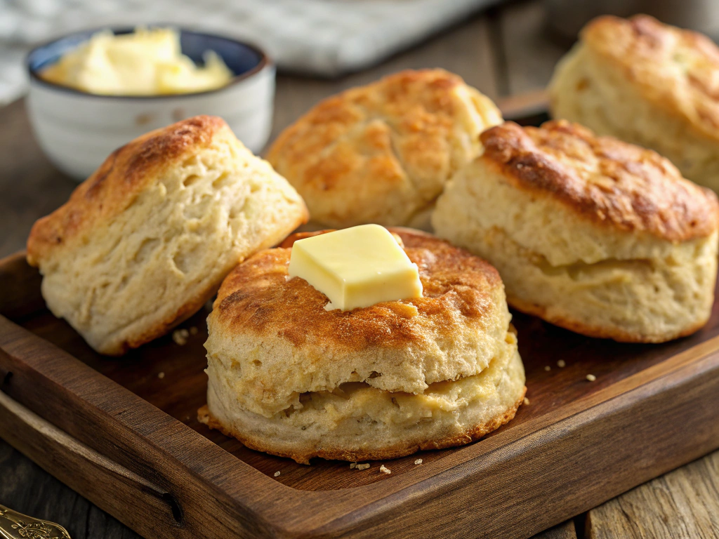 A close-up of golden-brown biscuits fresh out of the oven, with a flaky, layered texture, served on a rustic wooden tray with a pat of butter melting on top.