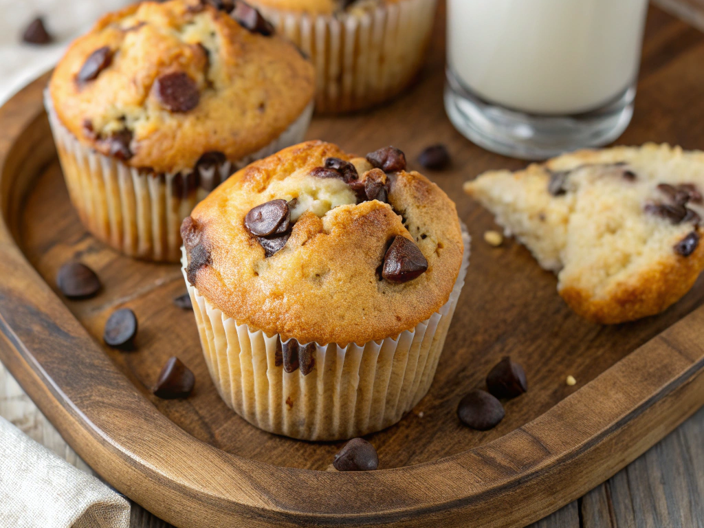 A close-up of golden-brown chocolate chip muffins, with melty chocolate chips peeking out, served on a rustic wooden tray with a glass of milk in the background.
