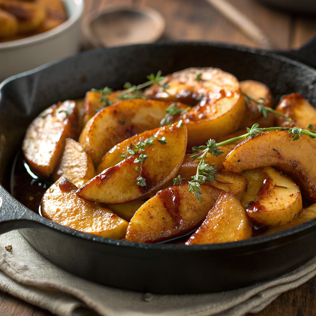 A close-up of golden-brown fried apples glistening in a cast-iron skillet, drizzled with caramelized cinnamon syrup and garnished with fresh thyme. Warm morning light highlights the dish’s rustic charm.