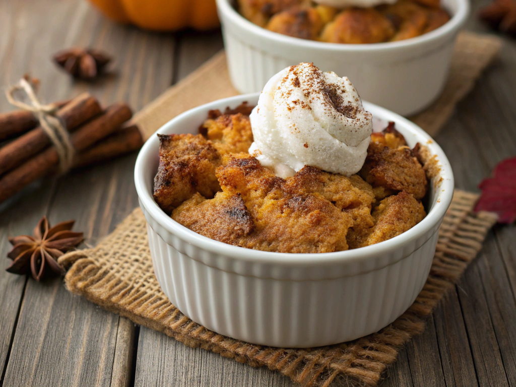 A close-up of golden-brown pumpkin bread pudding in ramekins, topped with a dollop of whipped cream and a sprinkle of cinnamon, set against a rustic wooden table with fall decor.