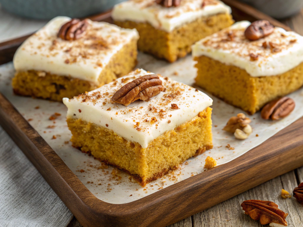 A close-up of golden pumpkin bars topped with creamy frosting, garnished with a sprinkle of cinnamon and chopped pecans, served on a rustic wooden tray.