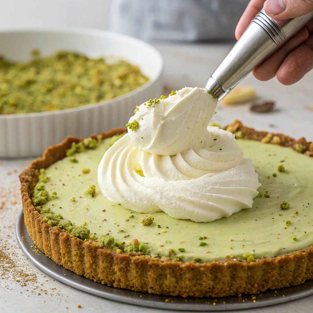 A creamy, whipped mixture being spread smoothly over the cooled crust.