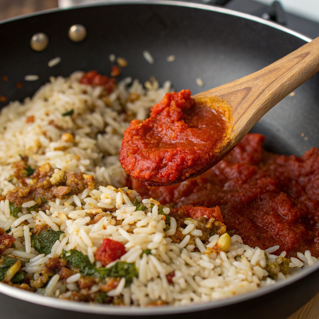A close-up of rice and spices being stirred into the skillet, with tomato paste adding a rich, red hue.