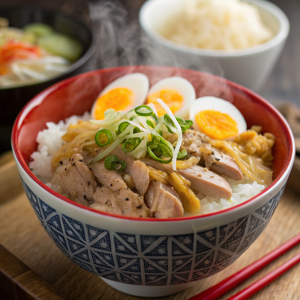 A beautifully plated oyakodon bowl with rice, chicken, eggs, and garnishes.