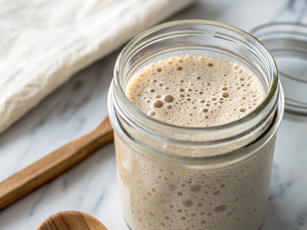 A glass jar filled with bubbly, active sourdough starter, sitting on a marble countertop with a wooden spoon beside it.
