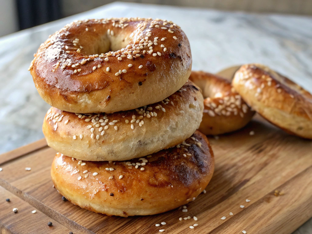 A stack of golden-brown sourdough bagels with a glossy crust, topped with sesame seeds, placed on a rustic wooden cutting board.