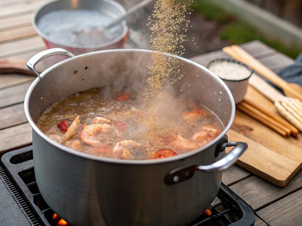 A close-up view of a large pot of water boiling on an outdoor cooker, with seafood seasoning being added. The steam rises gently, creating a cozy, inviting vibe.