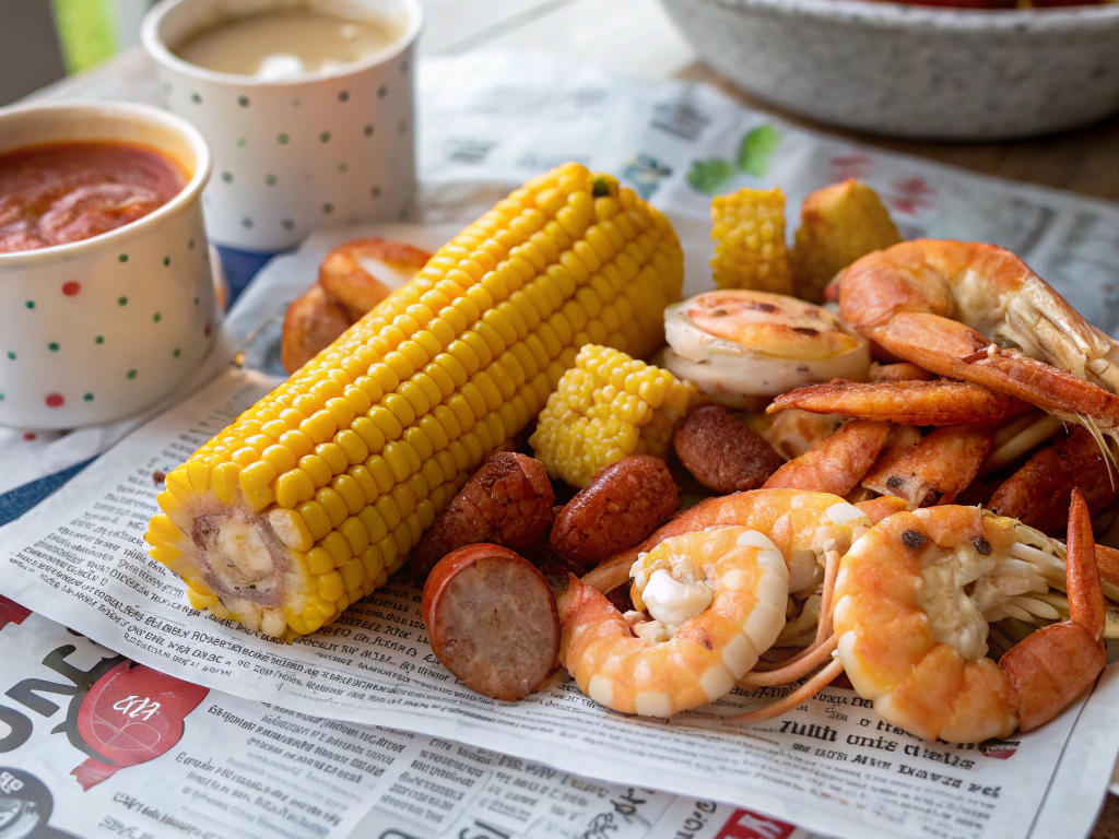 A close-up view of a vibrant Low Country Boil spread on a newspaper-covered table, featuring shrimp, crab, corn, sausage, and potatoes. The natural light highlights the rich colors and textures of the dish, creating a festive atmosphere.