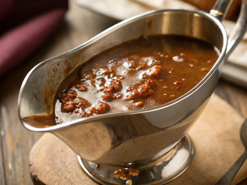 A close-up view of a saucepan filled with rich, dark beef gravy, drizzled over a mound of creamy mashed potatoes. The warm lighting highlights the glossy texture and inviting aroma of the gravy.