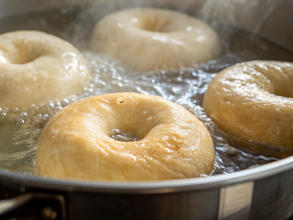 Bagels boiling in a pot of water, with steam rising from the surface.
