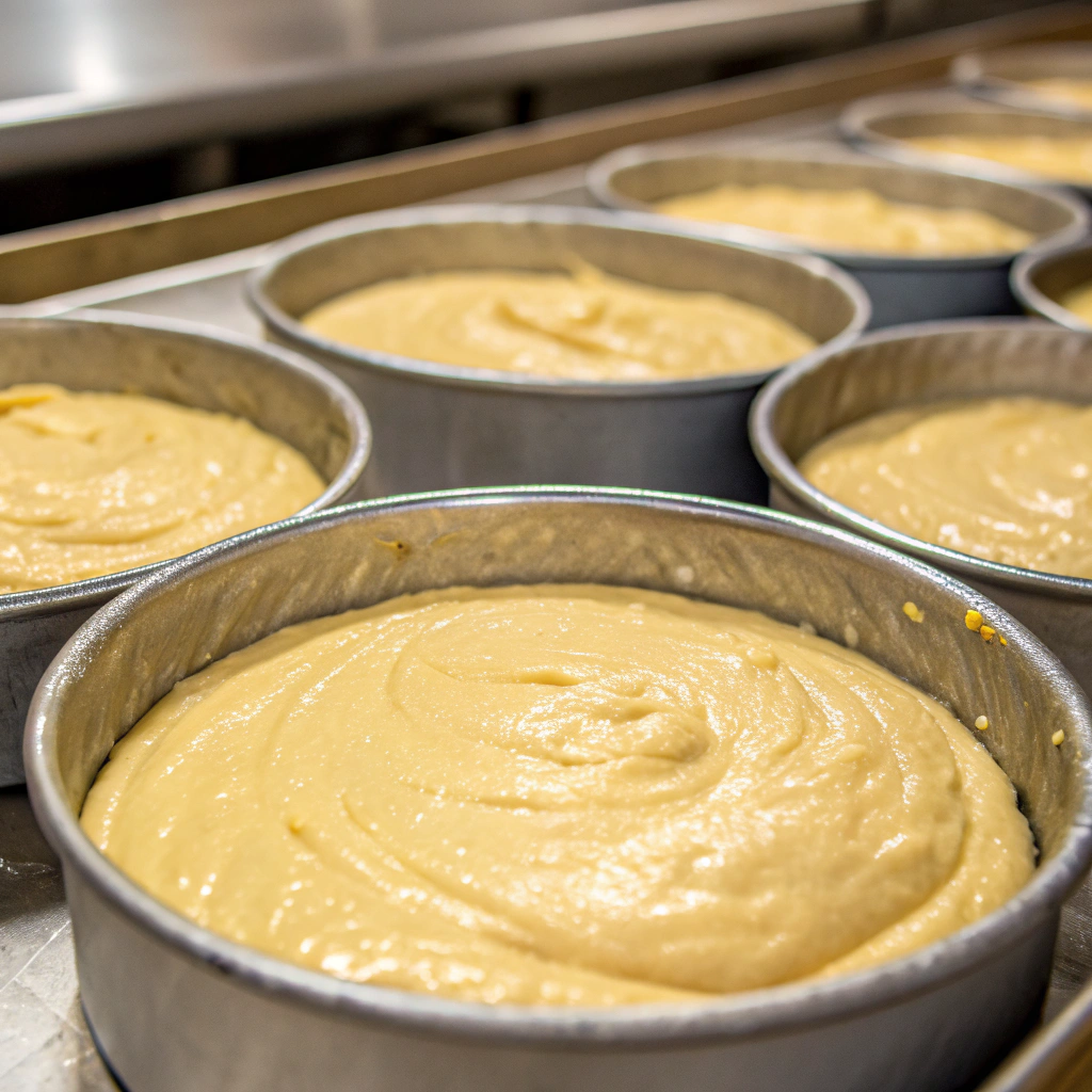 A close-up view of the cake batter being evenly divided into the prepared pans. The golden batter glistens under soft kitchen lighting.