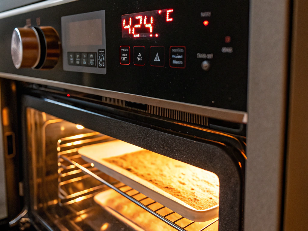 A close-up view of an oven preheating to 425°F (220°C). The digital display glows, signaling the start of the baking process.