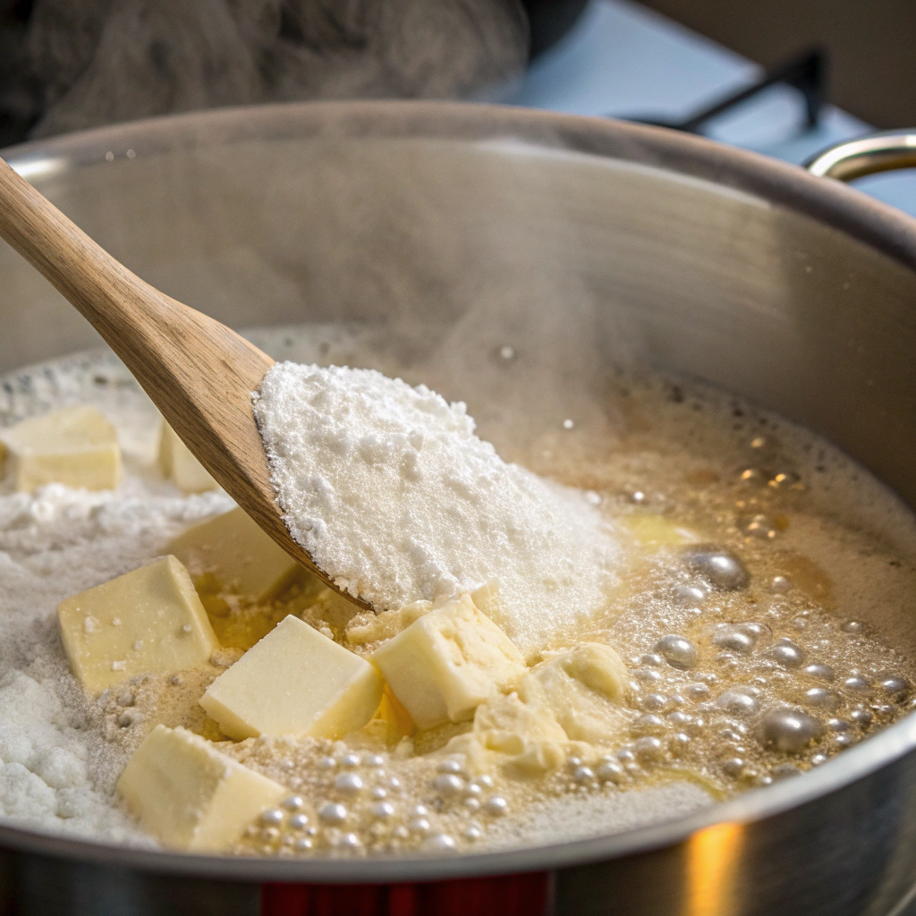 A close-up view of butter and water boiling in a pot, with flour and salt being stirred in. The mixture forms a smooth, glossy ball of dough.