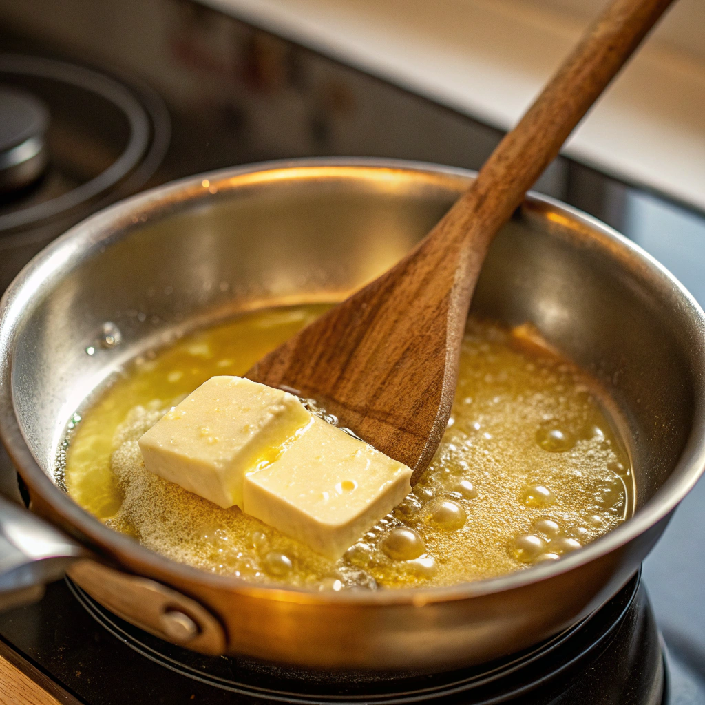 A close-up view of butter melting in a small saucepan over medium heat, with a wooden spoon ready to stir. The golden butter glistens under soft kitchen lighting.