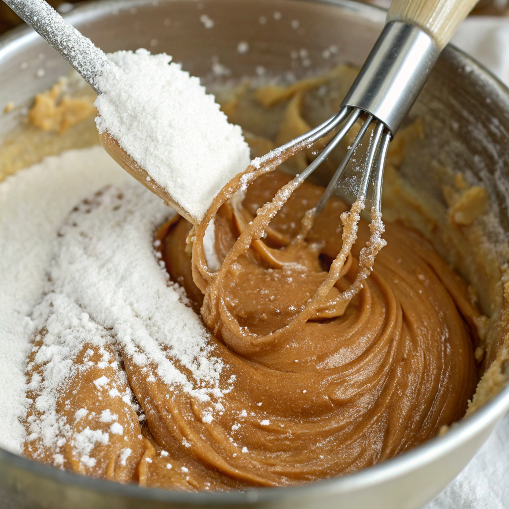A close-up view of confectioners' sugar and vanilla extract being beaten into the caramel mixture, creating a thick, glossy frosting. The texture is smooth and spreadable.