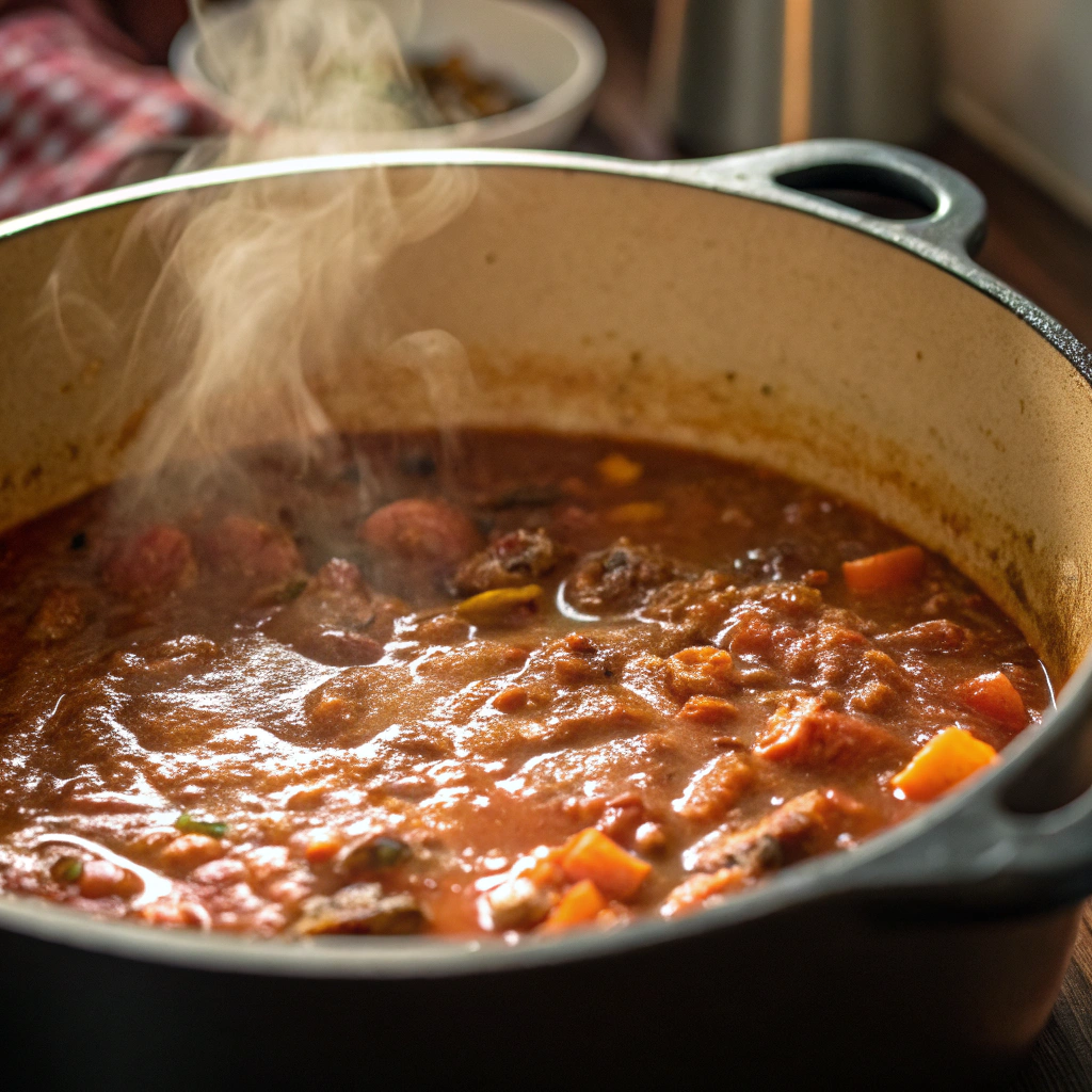 A close-up view of the stew simmering on low heat, with steam rising gently. The thick, bubbling mixture looks incredibly inviting.
