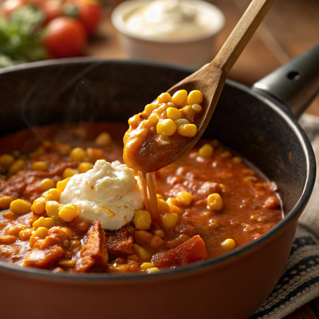 A close-up view of cream-style corn being stirred into the stew, adding a creamy texture and sweet flavor. The warm lighting highlights the stew’s comforting appeal.