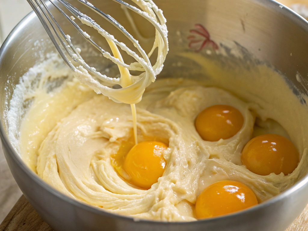 A close-up view of eggs being beaten into the choux pastry dough, one at a time. The dough becomes smooth and shiny, ready for baking.