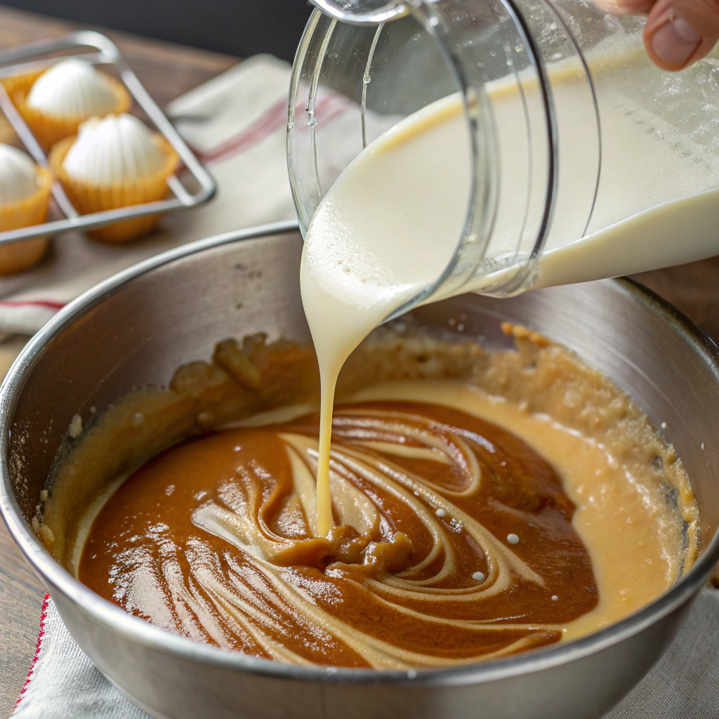 A close-up view of evaporated milk being poured into the caramel mixture, creating a smooth, glossy frosting base. The steam rises gently, filling the kitchen with a sweet scent.