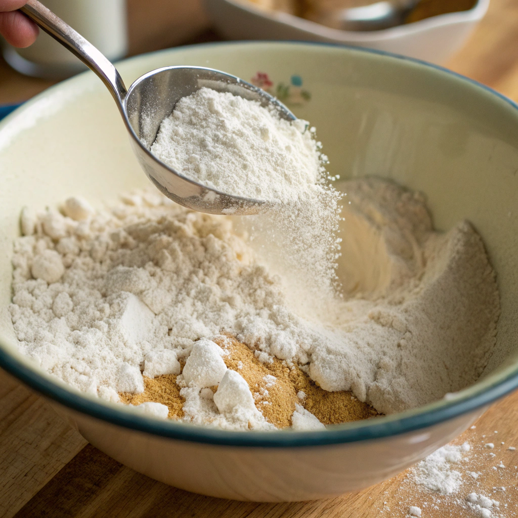 A close-up view of flour, baking powder, and salt being combined in a separate bowl. The dry ingredients are sifted together, creating a fine, even mixture.
