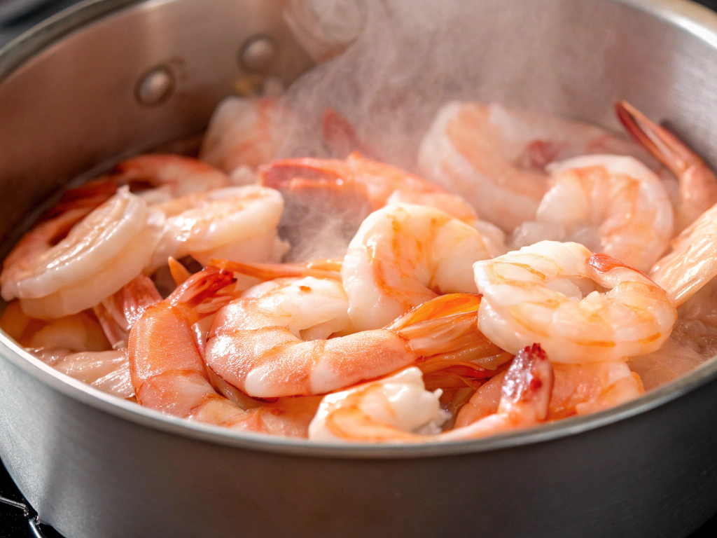 A close-up view of fresh shrimp being added to the pot, turning pink as they cook. The steam rises gently, creating a mouthwatering scene.