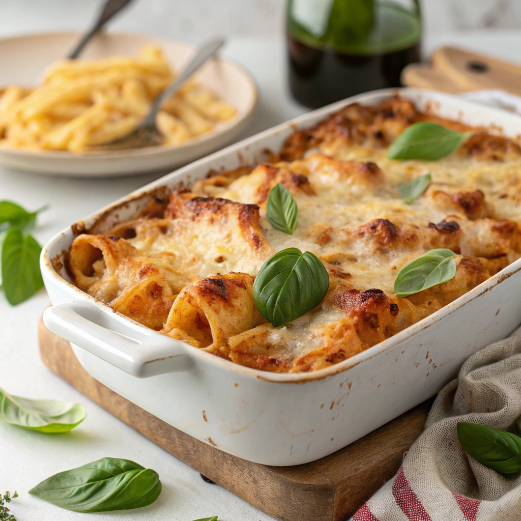 A golden-brown, bubbling pasta bake fresh out of the oven, garnished with fresh basil leaves and served in a rustic white casserole dish.