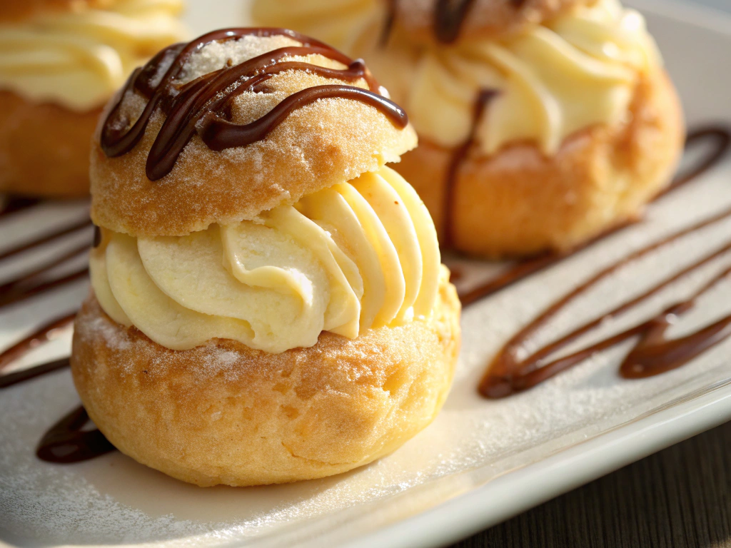 A close-up view of golden cream puffs, filled with creamy vanilla pudding and drizzled with glossy chocolate. The warm lighting highlights their delicate texture and elegant presentation.