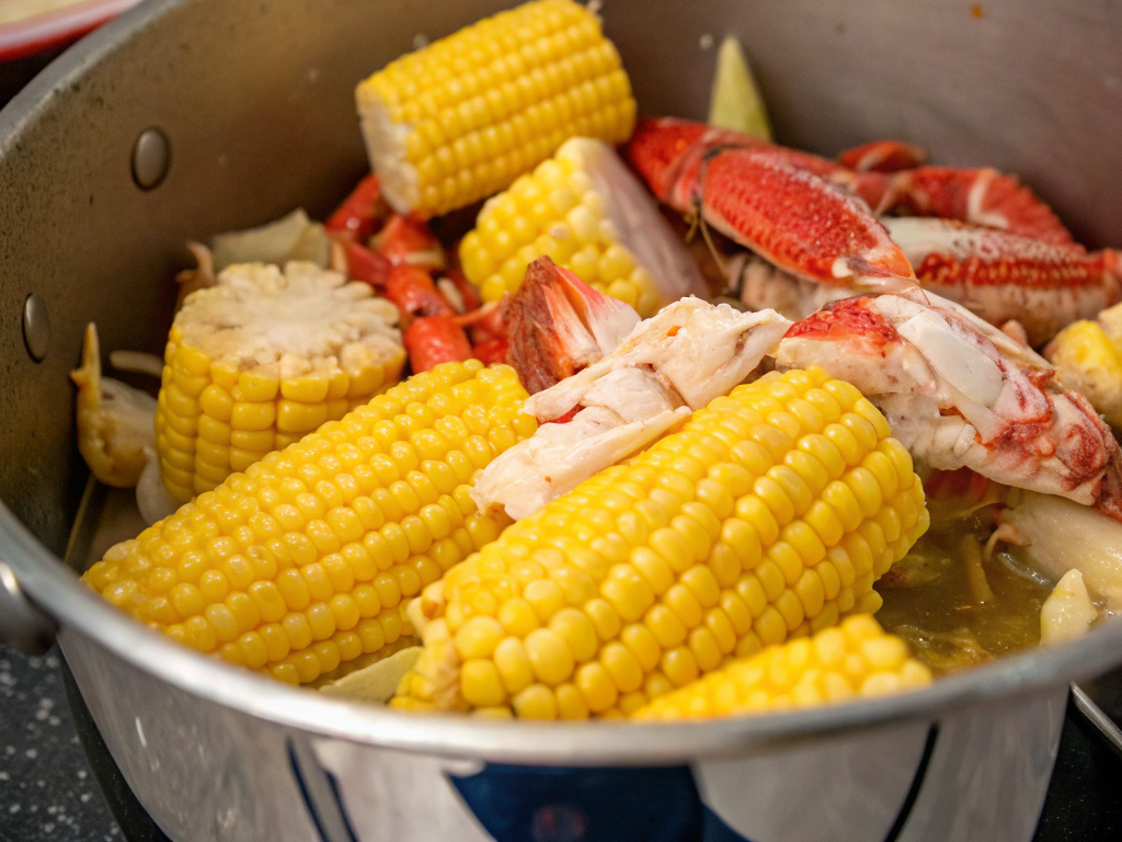 A close-up view of halved corn ears and crab pieces being added to the pot. The vibrant yellow of the corn and the red hues of the crab create a visually appealing contrast.