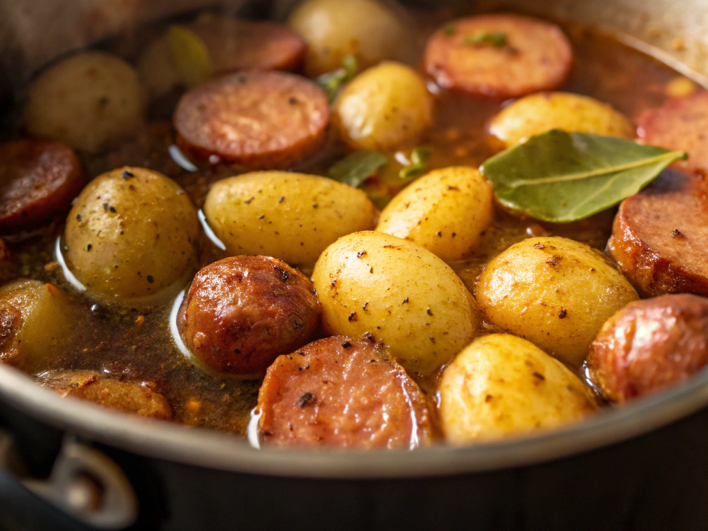 A close-up view of new potatoes and turkey sausage simmering in a pot of seasoned water. The warm lighting highlights the rich colors and textures of the ingredients.