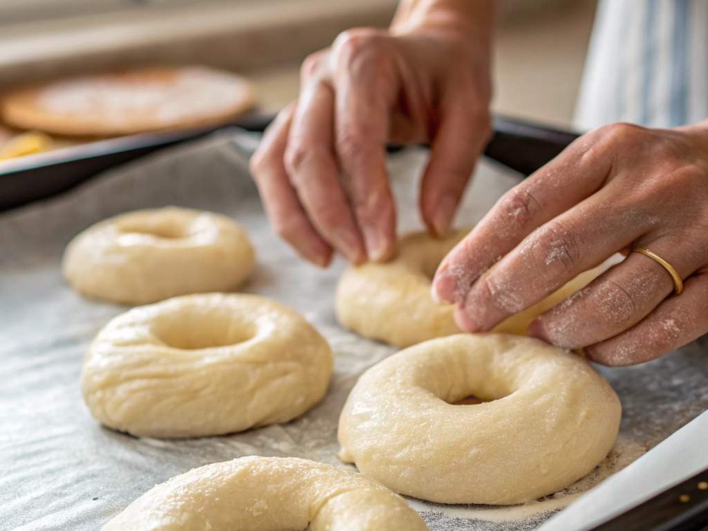 Hands shaping bagel dough into rings, with a parchment-lined baking sheet in the background.
