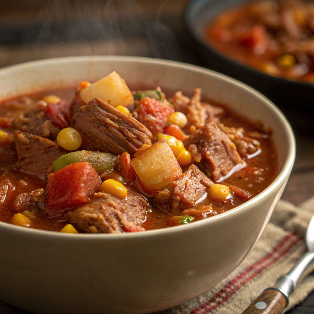 A close-up view of a steaming bowl of Brunswick Stew, showcasing its rich, thick texture and vibrant mix of meats and vegetables. The warm lighting highlights the comforting appeal of this Southern classic.