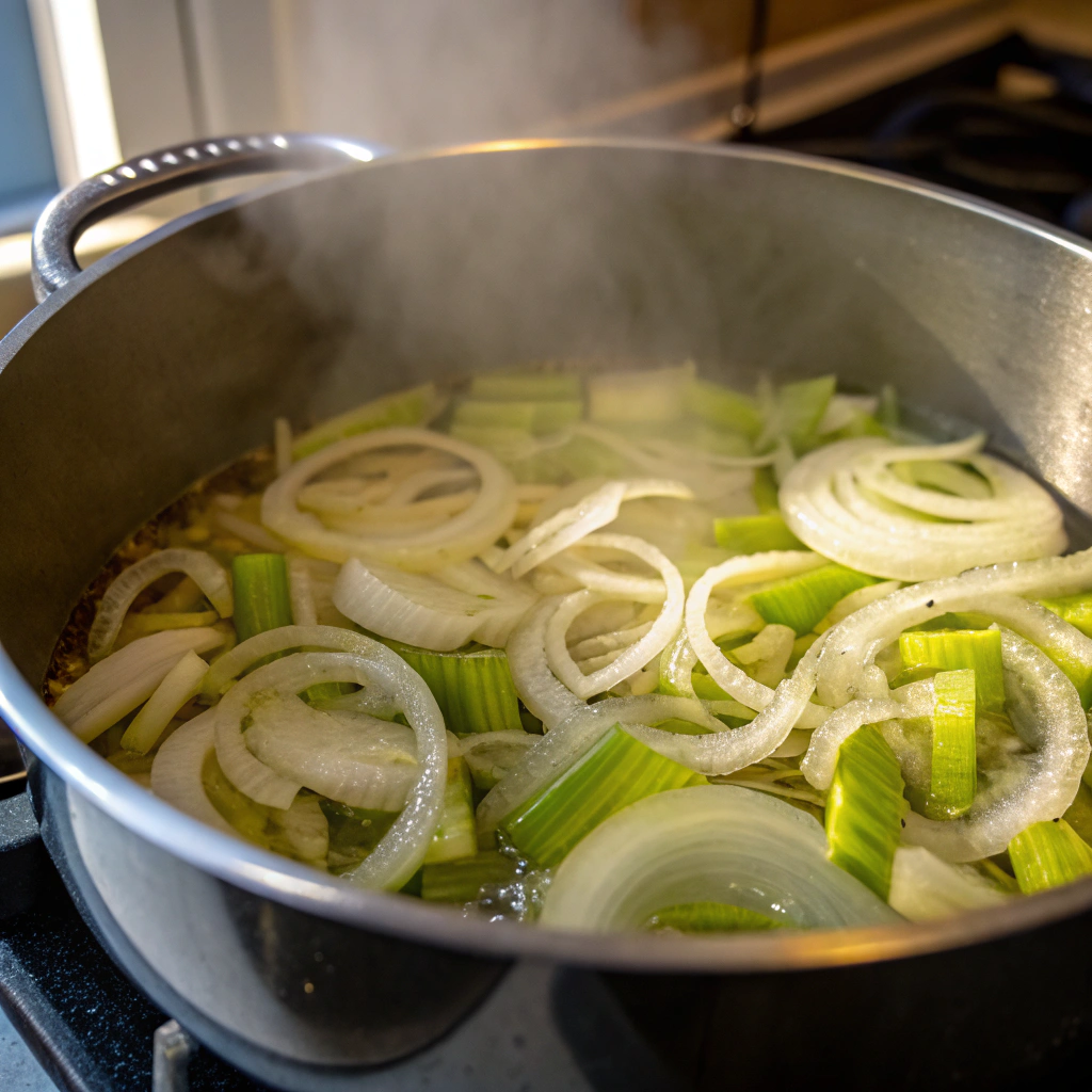 A close-up view of onions and celery sizzling in olive oil in a large stockpot. The translucent vegetables release a savory aroma under soft kitchen lighting.