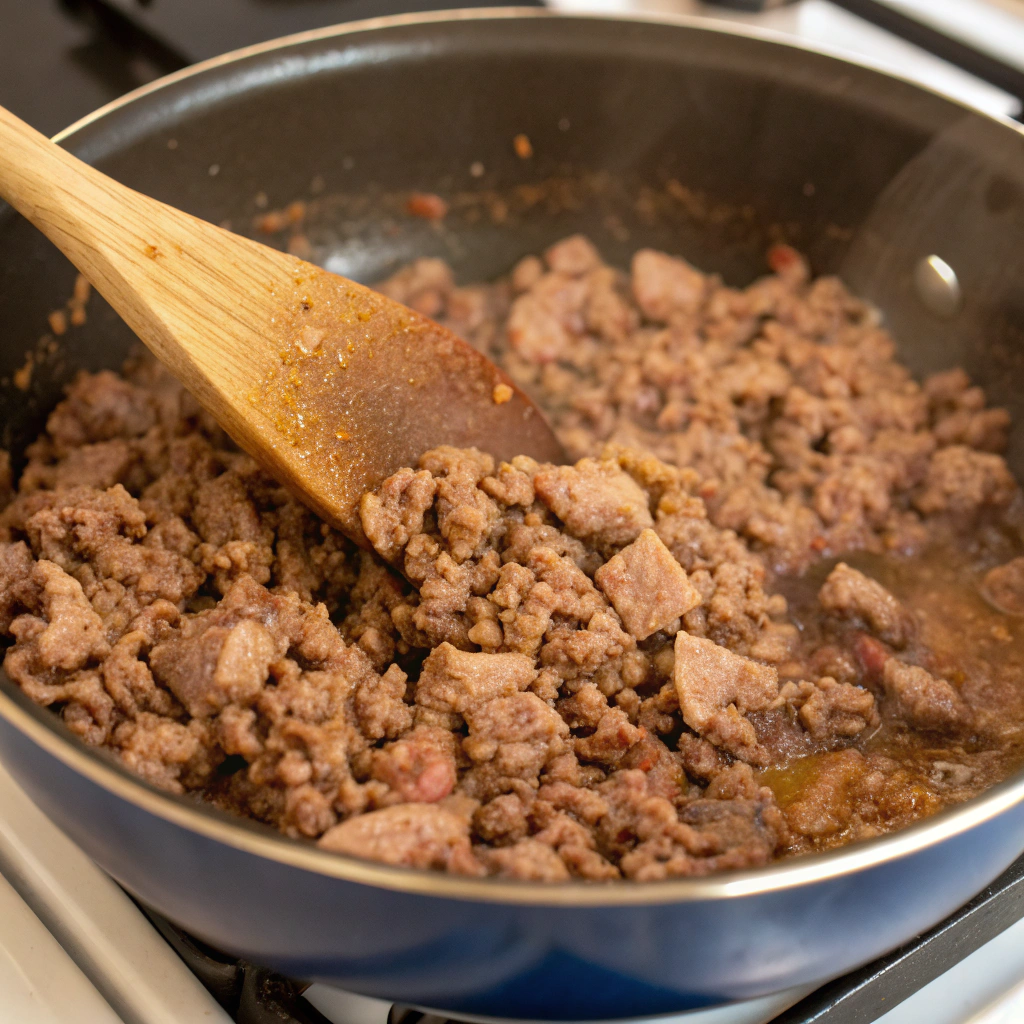 A close-up view of ground turkey and beef browning in the pot, with a wooden spoon breaking it into crumbles. The rich, meaty aroma fills the kitchen.