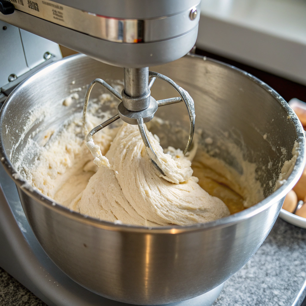 A stand mixer bowl filled with dough, with a dough hook attachment kneading the mixture.