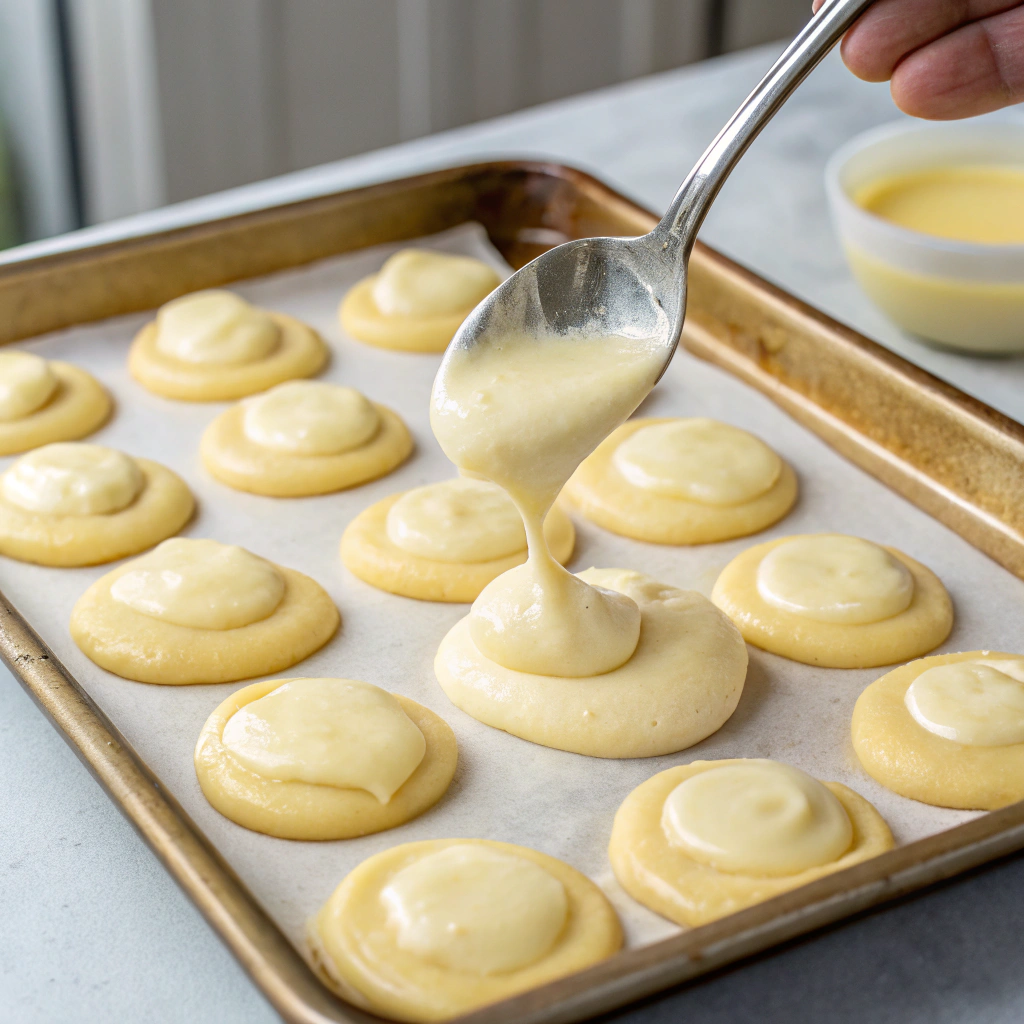 A close-up view of a cream puff being split open and filled with vanilla pudding using a spoon. The creamy filling contrasts beautifully with the golden pastry.