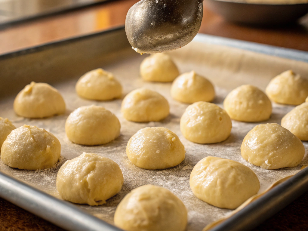 A close-up view of tablespoonfuls of dough being dropped onto a baking sheet, spaced evenly apart. The dough mounds are ready to transform into golden puffs.