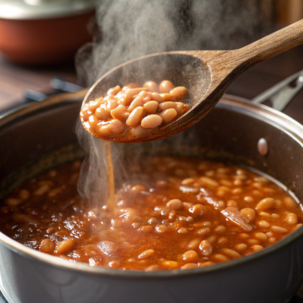 Close-up view of the soaked beans being added to the simmering soup, with steam rising and the beans cooking until tender.