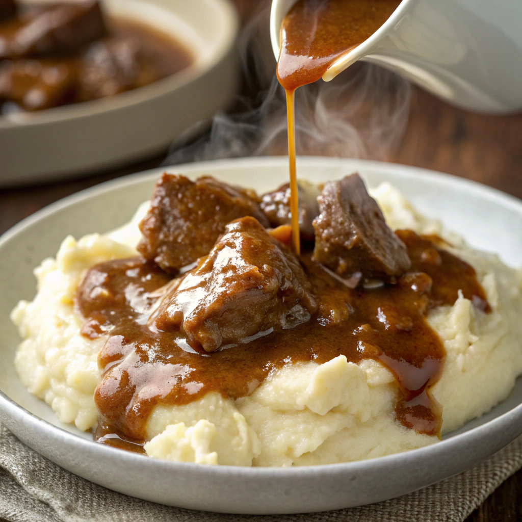 A close-up view of the finished beef gravy, thick and glossy, being drizzled over mashed potatoes. The steam rises gently, creating a mouthwatering scene.