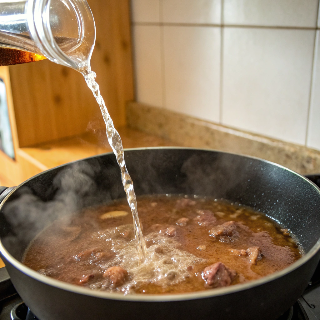A close-up view of water being poured into the saucepan, with beef bouillon dissolving into the mixture. The steam rises gently, creating a cozy kitchen atmosphere.