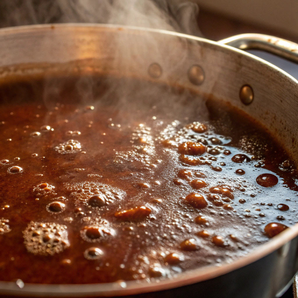 A close-up view of the gravy mixture coming to a boil, with bubbles forming on the surface. The rich, dark color of the gravy is highlighted under warm lighting.