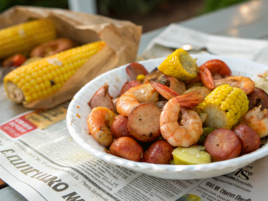 A close-up view of the Low Country Boil poured onto a newspaper-covered table, ready to be enjoyed. The natural light highlights the vibrant colors and textures of the dish.