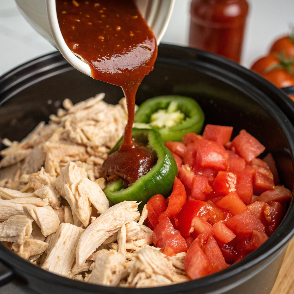 A close-up view of shredded chicken, tomatoes, ketchup, barbecue sauce, and a whole green pepper being added to the pot. The vibrant colors and textures create a visually appealing mix.