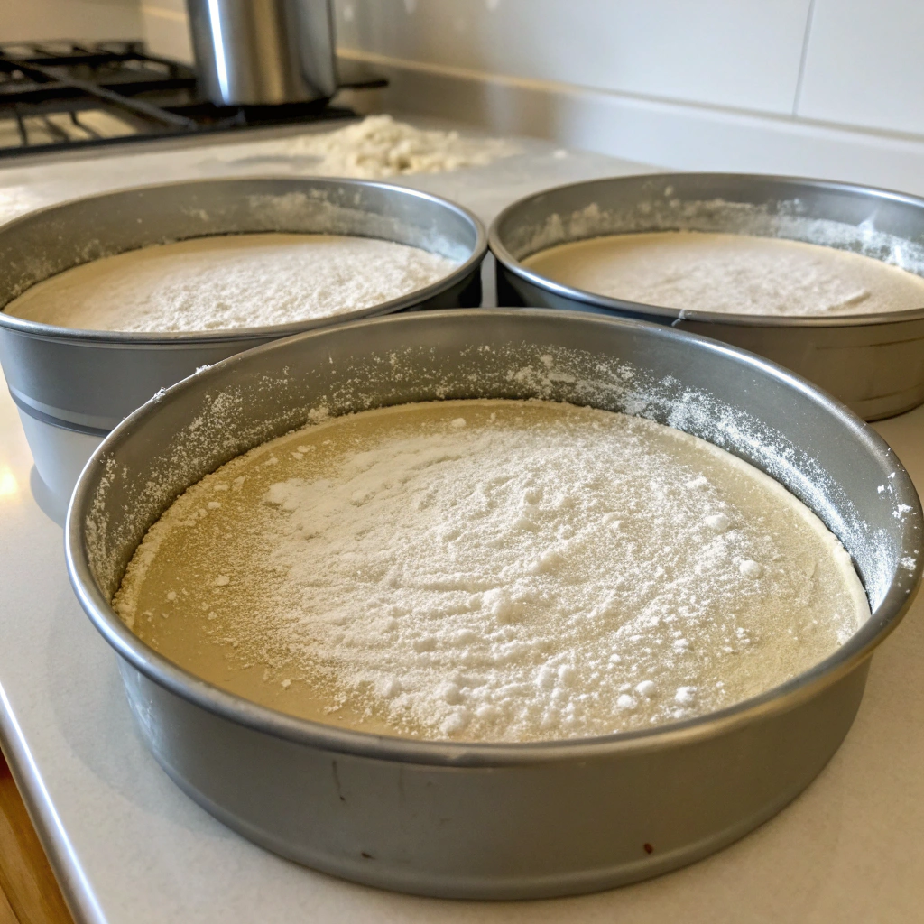 A close-up view of three 9-inch cake pans, greased and floured, ready for the batter. The soft kitchen lighting highlights the preparation process.