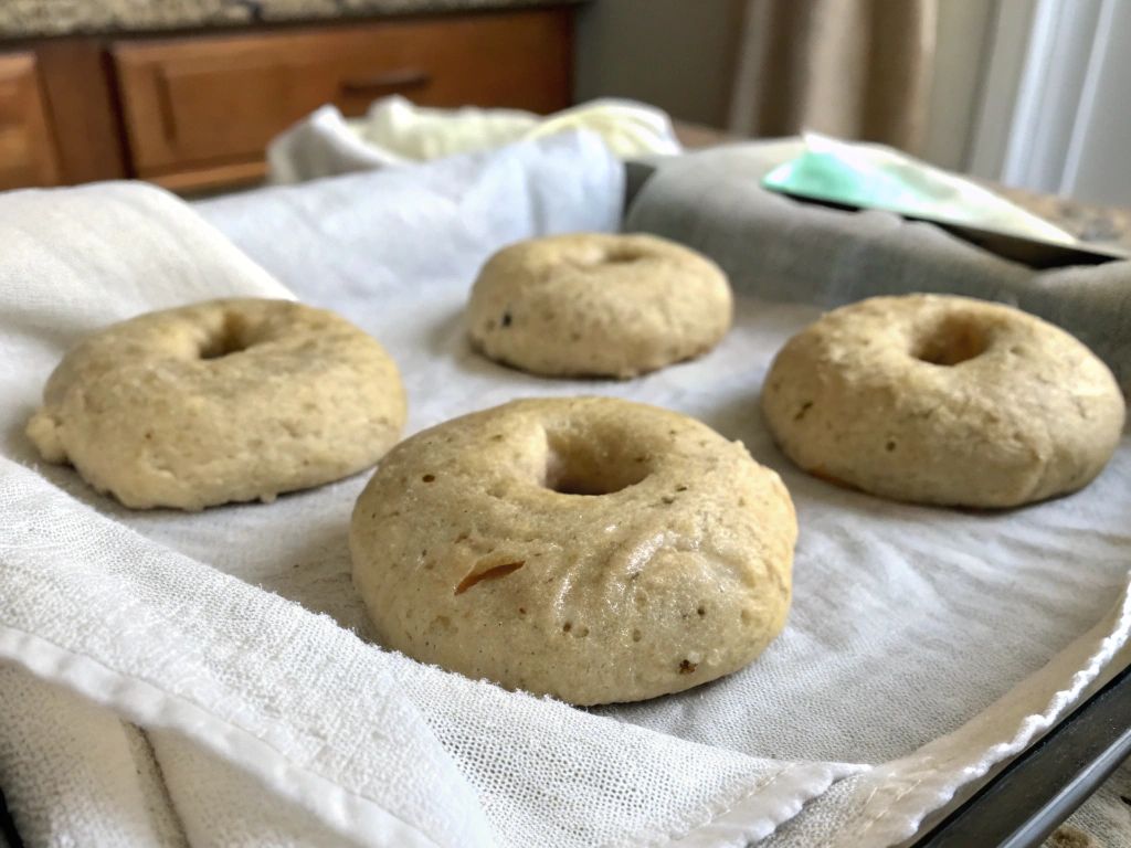 Unbaked bagels resting on a parchment-lined tray, covered with a clean kitchen towel.