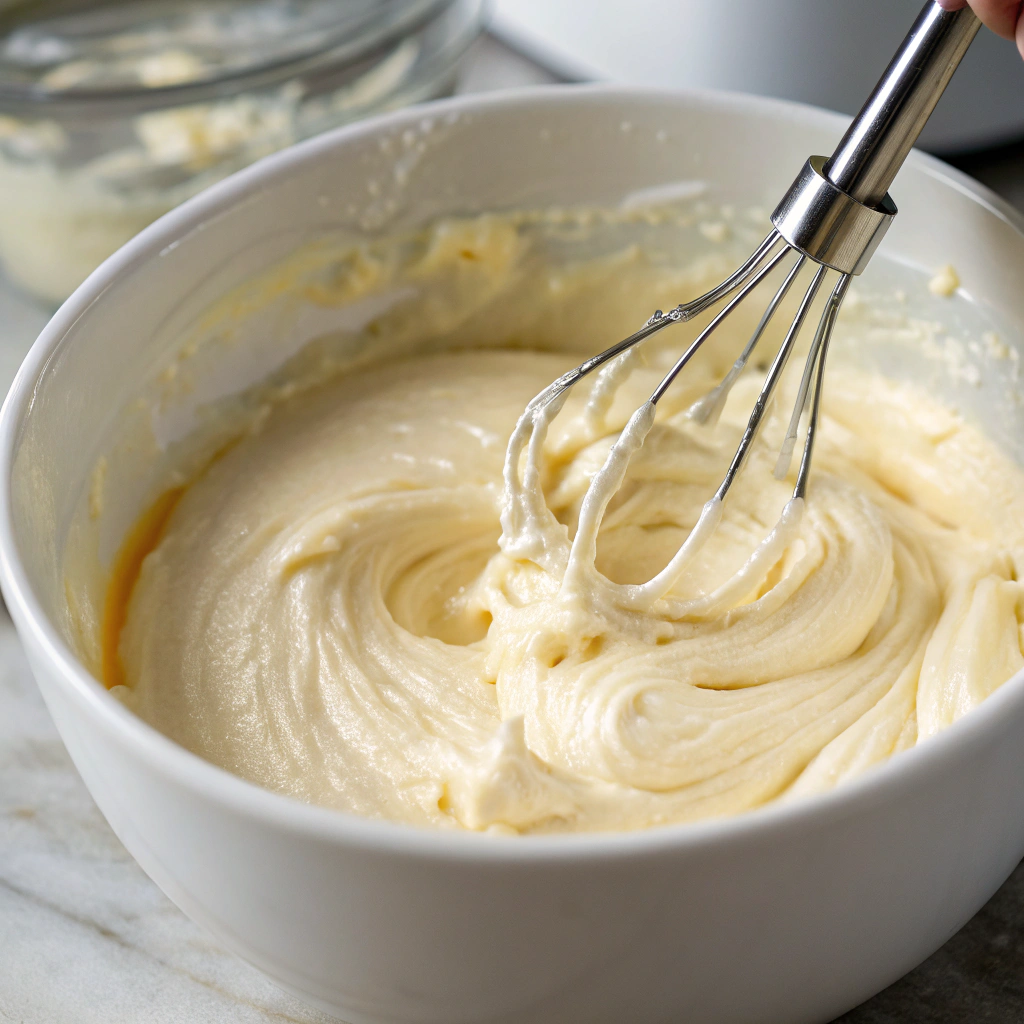 A close-up view of vanilla pudding mix, heavy cream, and milk being whisked together in a bowl. The mixture is smooth and creamy, ready to set in the fridge.