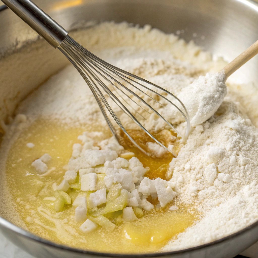 A close-up view of flour being stirred into melted butter, forming a smooth, golden roux. The chopped onion is added, releasing a savory aroma.