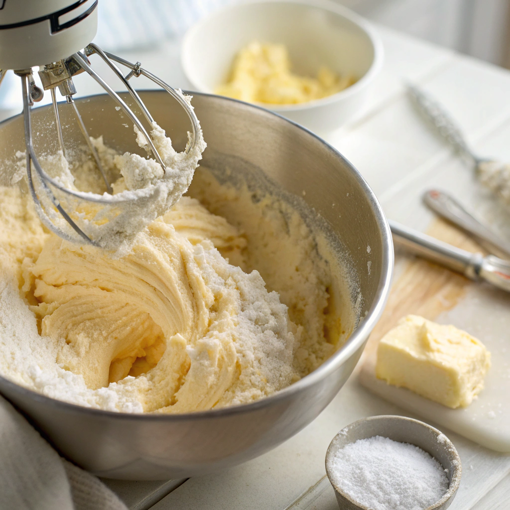 A close-up view of white sugar and butter being creamed together in a mixing bowl until light and fluffy. The golden mixture looks smooth and airy.